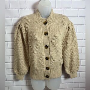Who What Wear Cream Textured Knit wool Cardigan Puff Sleeve Button Front Size S